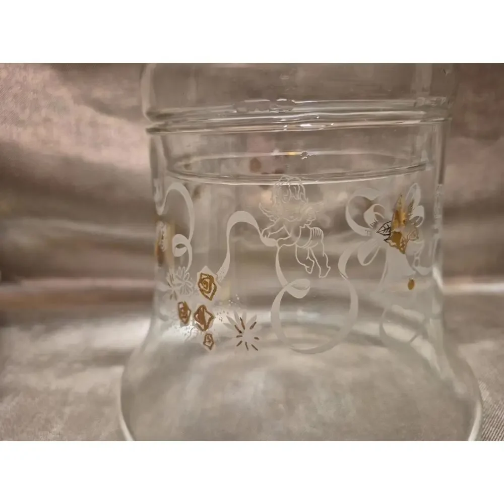 VTG Xmas Glass Bell Shaped Lidded Candy Dish Ribbons Roses Gold Bells Cherubs 7”